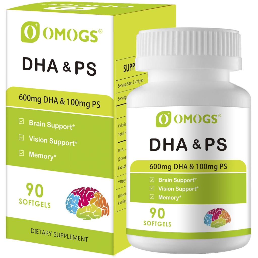 OMOGS Alger DHA - 600 mg Omega-3 DHA Softgel, med Phosphatidylserin & Walnut Oil, understøtter sund hjerne funktion, Vision, Eye & Memory, Gluten Free, Non- GMO Vegan Algae Oil, 90 Softgel