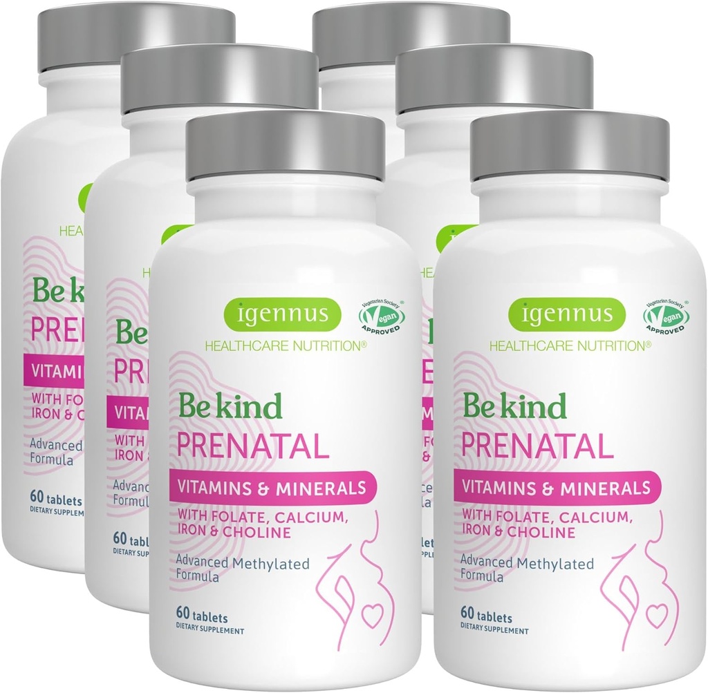 Igennus Metyleret Prenatal Multivitamin for kvinder, Folate for MTHFR, Høj Absorption, Ren & Ren, Gentle Jern, Cholin, Calcium & Magnesium, Vegansk Graviditet Vitaminer, Halal, Non- GMO, 60 tabletter x 6