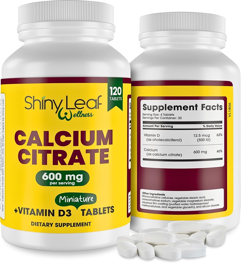 Shiny Leaf Calcium Minis 600 mg - Daily Tablets of Calcium Citrate 600mg Plus Vitamin D3 for Bariatric Post- Op og Gastric Bypass for Kvinder og Mænd, Let at synke, Made in USA, Vegetar - 120 Ct.