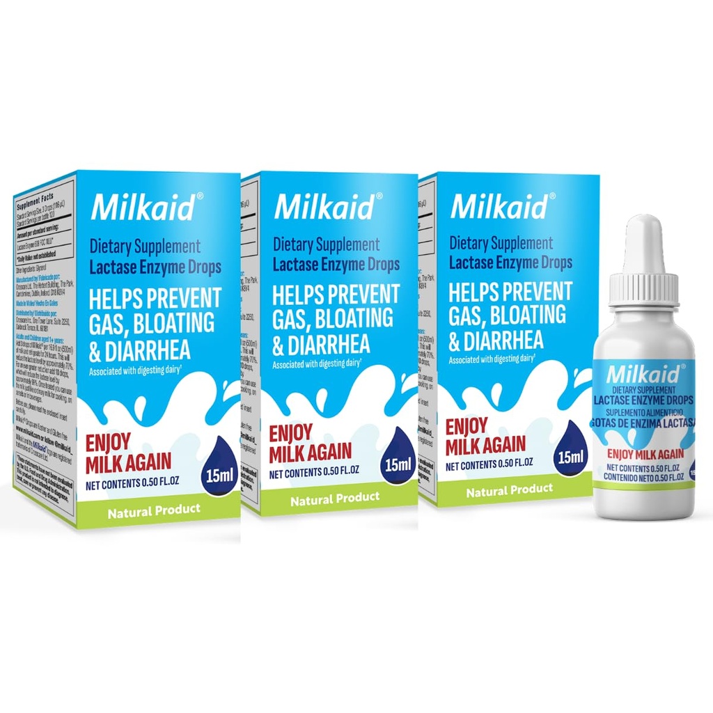 Milkaid Lactase Enzyme Drops for Lactose Intolerance Note 124; Forhindrer Gas, Bloating & Diarrhea Note 124; Hurtig fungerende Dairy fordøjelsestillæg