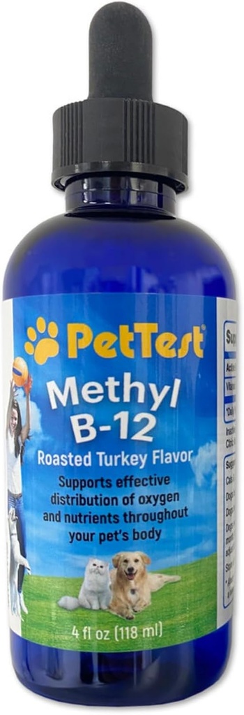 PetTest Methyl B12 Vitamin Liquid Drops 4fl oz (5000 MCG) Supplement med Methylcobalamin til Diabetisk Kæledyr, Maksimal Absorption til at øge energi til hunde og katte