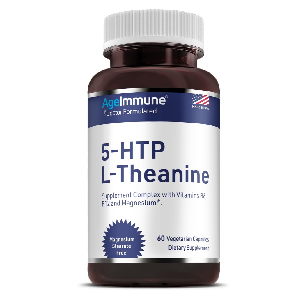 5- HTP Formel til stress Relief og afslapning støtte til Teens og voksne med 5- HTP, L- Theanin, B6-vitamin, B12-vitamin, Magnesium - Læge Formuleret - Magnesium Stearate Free - 60 kapsler.