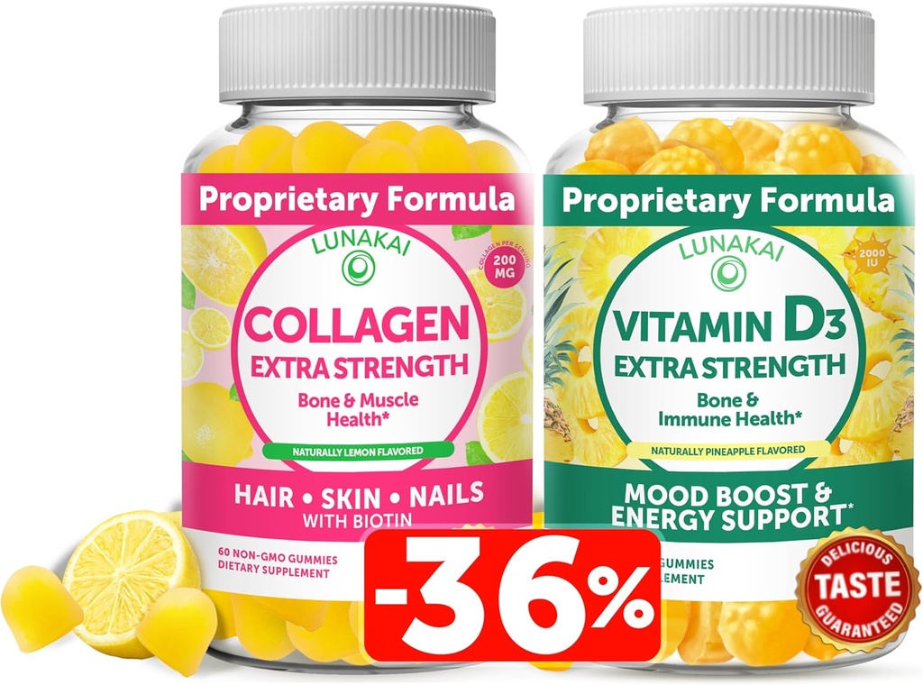 Lunakai Collagen og vitamin D3 Gummies Bundle - Non-GMO Anti Aging Kosttilskud til mænd og kvinder - Immunitet, ben og mood Support Gummy til voksne - 30 dages forsyning