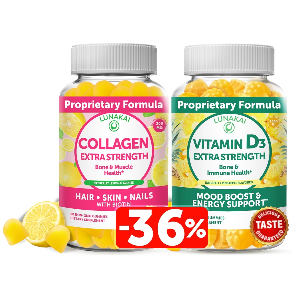 Lunakai Collagen og vitamin D3 Gummies Bundle - Non-GMO Anti Aging Kosttilskud til mænd og kvinder - Immunitet, ben og mood Support Gummy til voksne - 30 dages forsyning