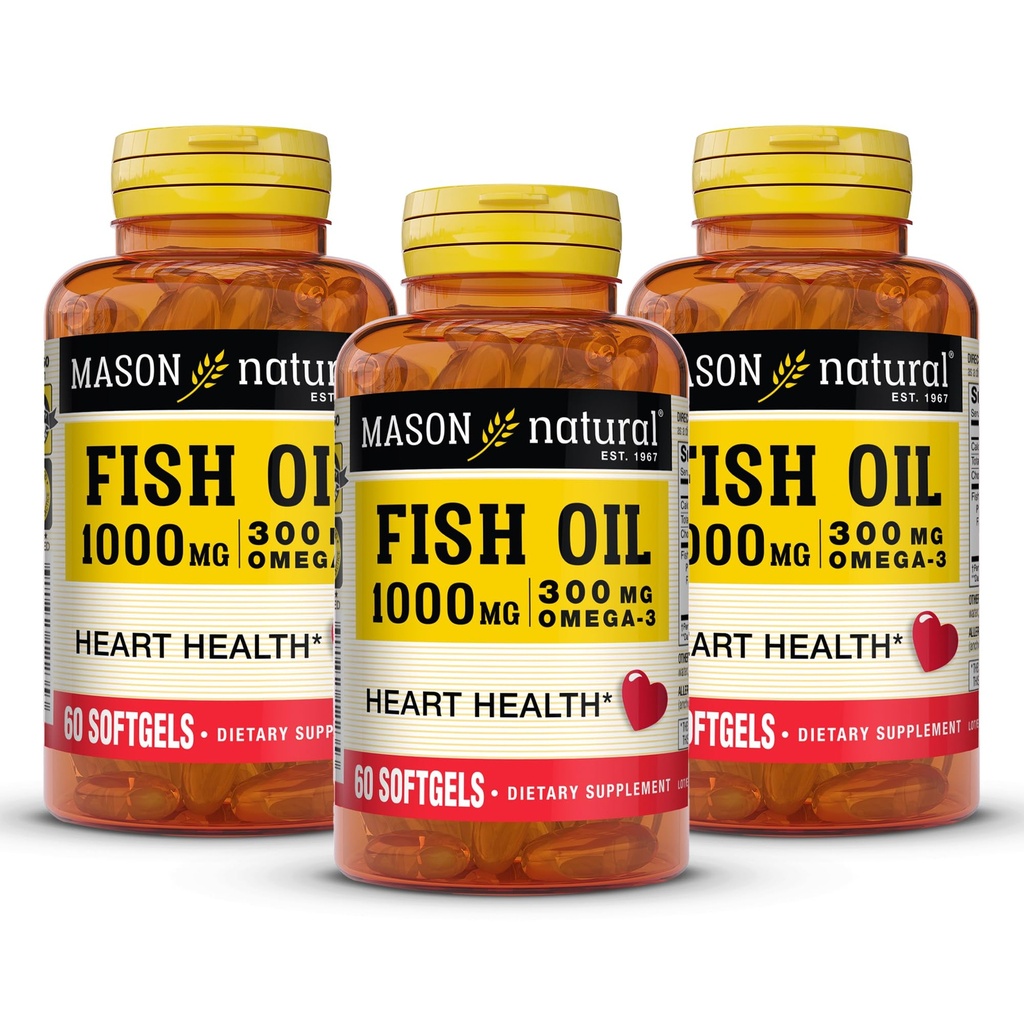 MASON NATURAL Omega, 3 Fish Oil, 180, Day Supply, 1000mg med EPA og DHA til fælles støtte, 60 Softgel piller (3 Pack)