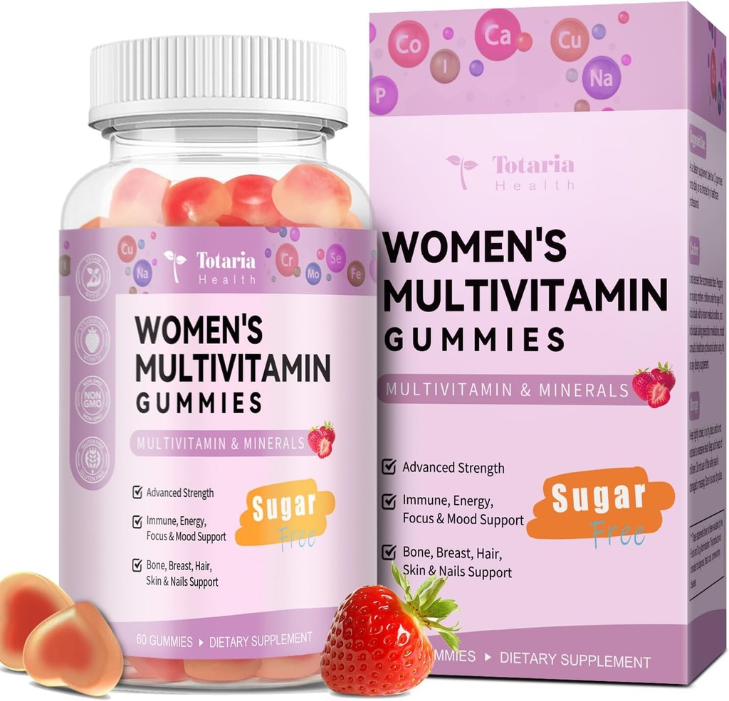 Totaria Sukker fri Multivitamin Gummies for Women 14 + w / Jern, Inositol, Folate, Biotin, Dame Daily Multivitamin Gummy w / vitamin A, C, B, D3, K2, for hår, hud, energi, immun, Strawberry Flavor