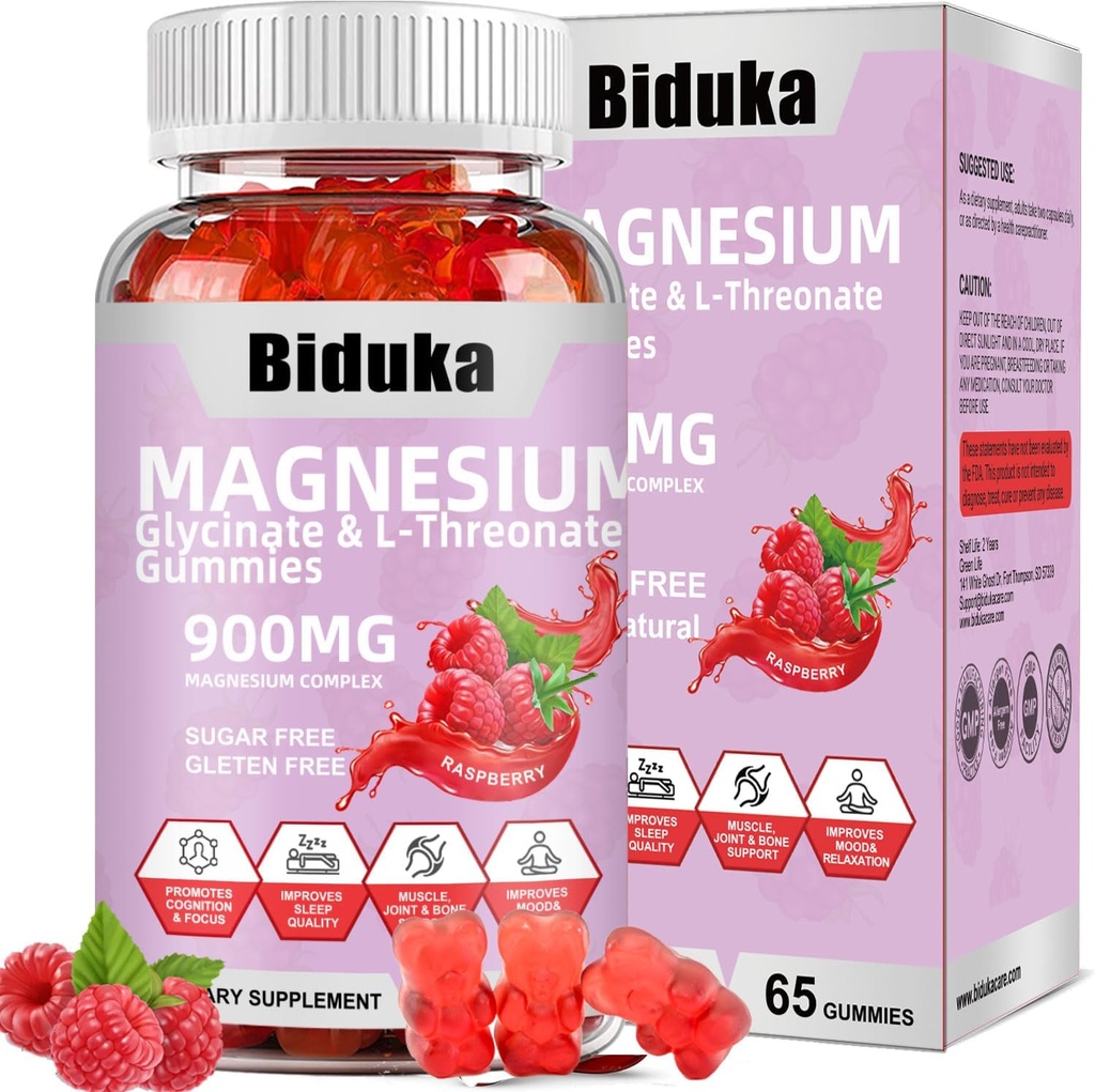 900mg Magnesium Complex 65 Raspberry Gummies, Sugar Free Magnesium Glycinate & L- Threonate Kalium tillæg med D-vitamin, B6, CoQ10 for afslapning