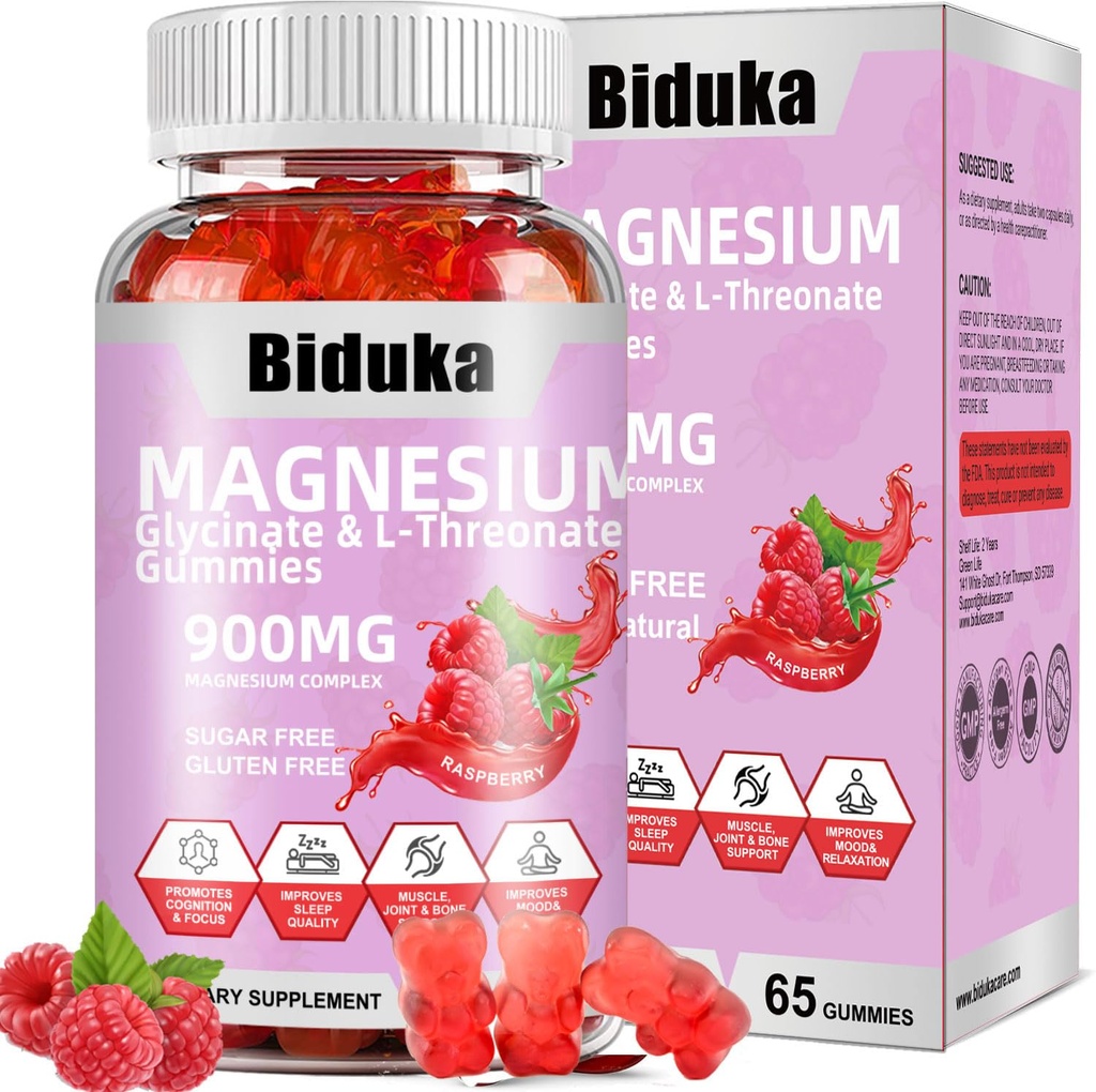 900mg Magnesium Complex 65 Raspberry Gummies, Sugar Free Magnesium Glycinate & L- Threonate Kalium tillæg med D-vitamin, B6, CoQ10 for afslapning