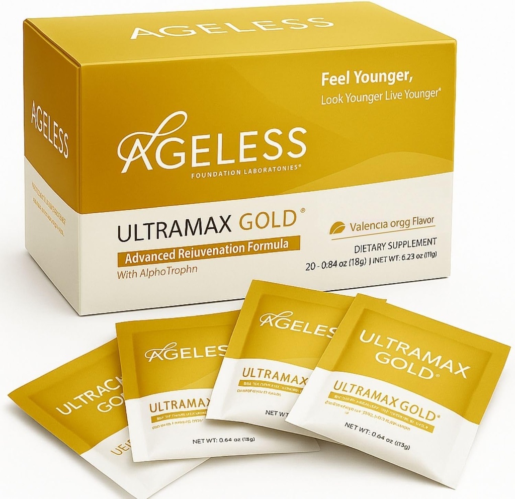 Agreless UltraMAX Gold - HGH Anti- Aging Supplement for kvinder & mænd - Forynger hud, Genskaber ungdommelige udseende, øger energi & søvn, effervescent pulver - Valencia Orange Flavor - 22 pakker