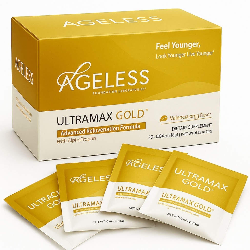 Agreless UltraMAX Gold - HGH Anti- Aging Supplement for kvinder & mænd - Forynger hud, Genskaber ungdommelige udseende, øger energi & søvn, effervescent pulver - Valencia Orange Flavor - 22 pakker