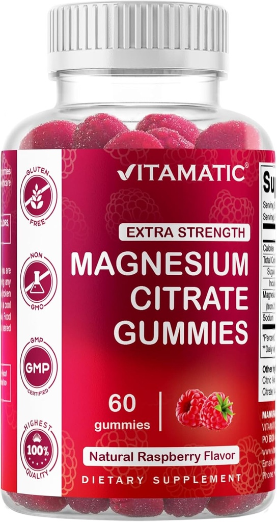 Vitamatisk ekstra styrke Magnesium Gummies - 255 mg (Elemental Magnesium) per servering - 60 Vegan Gummies understøtter afslapning, muskel & nerve funktion, ben sundhed & energi produktion