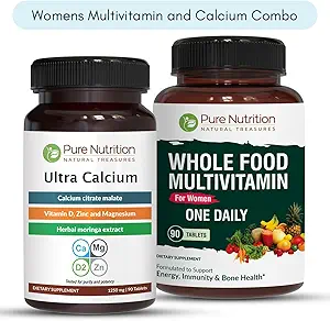 Pure Nutrition Ultra Calcium 1000mg og Whole Foods Womens Multivitaminer 1500mg for sunde knogler, metabolisk støtte, Joints og Samlet Wellness. Ultra Calcium 90 Tabs + Kvinder Multivitaminer 90 Tabs.