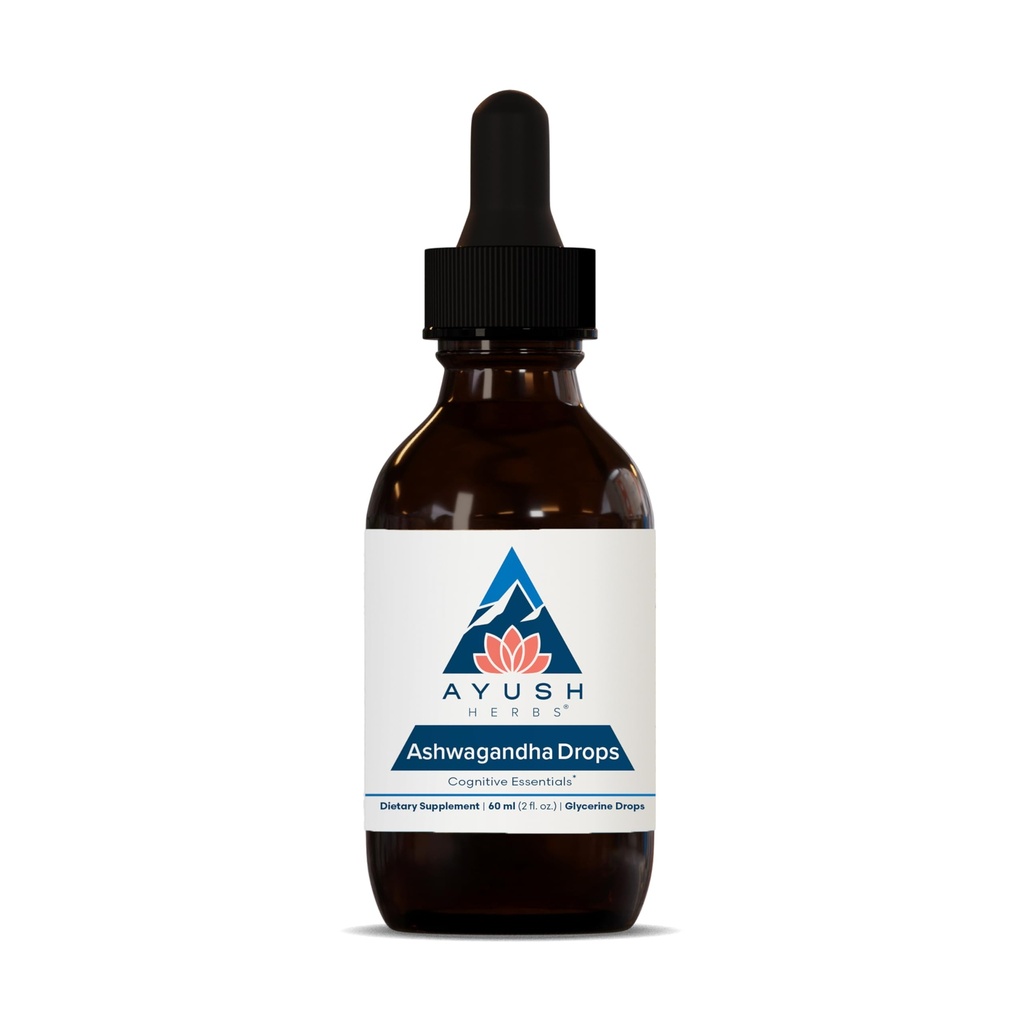 Ayush Herbs Ashwagandha Drops - Ashwagandha Alkohol- Gratis Drops til voksne, Calming Daily Supplement for Focus & Opmærksomhed med Organic Ashwagandha, Lemon Flavor - 2 Fl Oz (80 Servere)