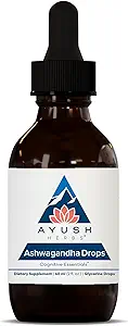 Ayush Herbs Ashwagandha Drops - Ashwagandha Alkohol- Gratis Drops til voksne, Calming Daily Supplement for Focus & Opmærksomhed med Organic Ashwagandha, Lemon Flavor - 2 Fl Oz (80 Servere)