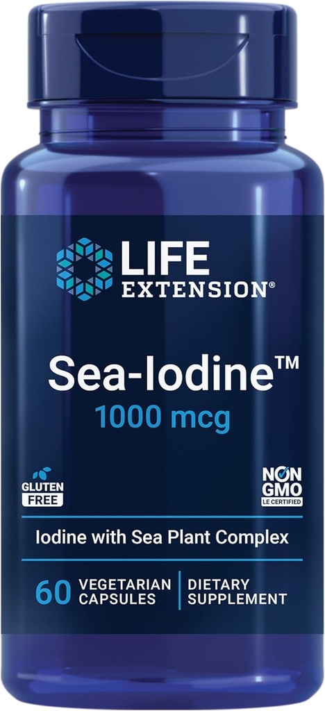 Life Extension Sea- Jod ™, kelp og bladderwrack-deriveret jod, understøtter sunde niveauer af denne essentielle næringsstof til thyreoidea sundhed og andre, ikke-GMO, Gluten- fri, vegetar, 60 kapsler