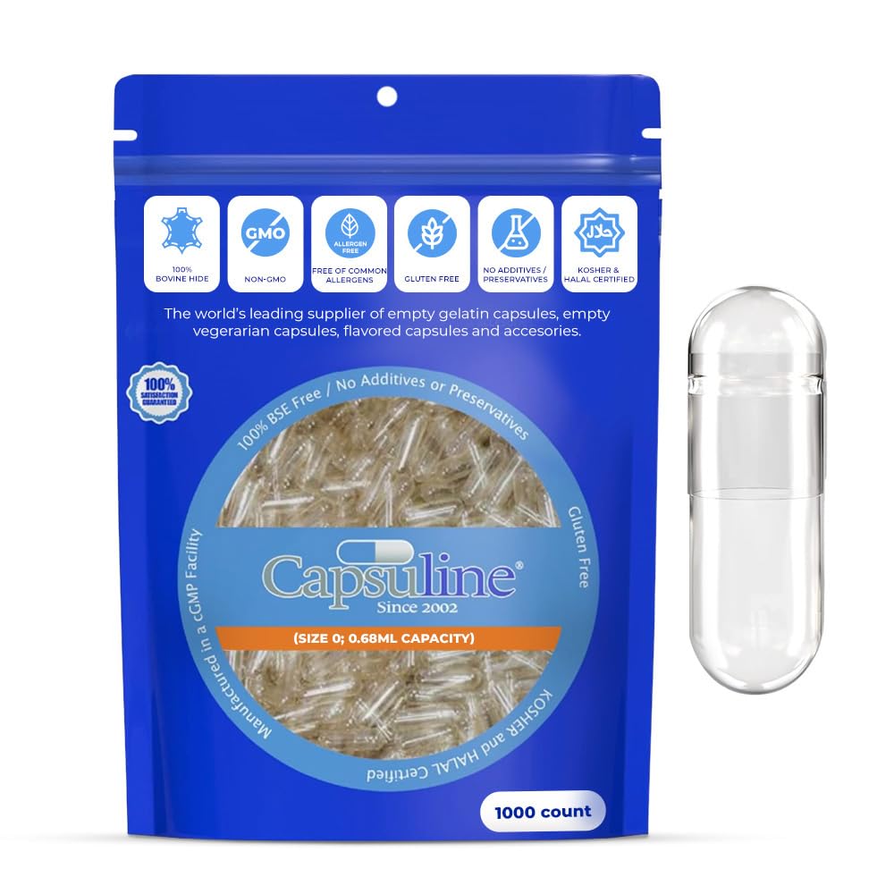 Capsulin Størrelse 0 Tomme Gelatine Kapsler, Clear - 1000 Greve Name 124; Gluten Free, Kosher, Non- GMO Certificeret # 124; Pure Bovin Pill Caps for DIY Supplement Fyldning