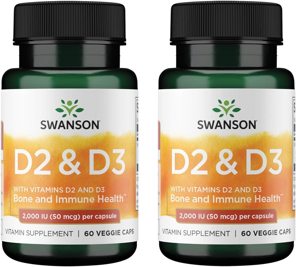 Swanson D-vitaminkompleks med vitaminer D2 & D3 - Komplet Sunshine Vitamin Complex til ben, tand- og immunsundhed - Vitamin supplement (50 mcg, 60 Veggie kapsler) (2 Pack)