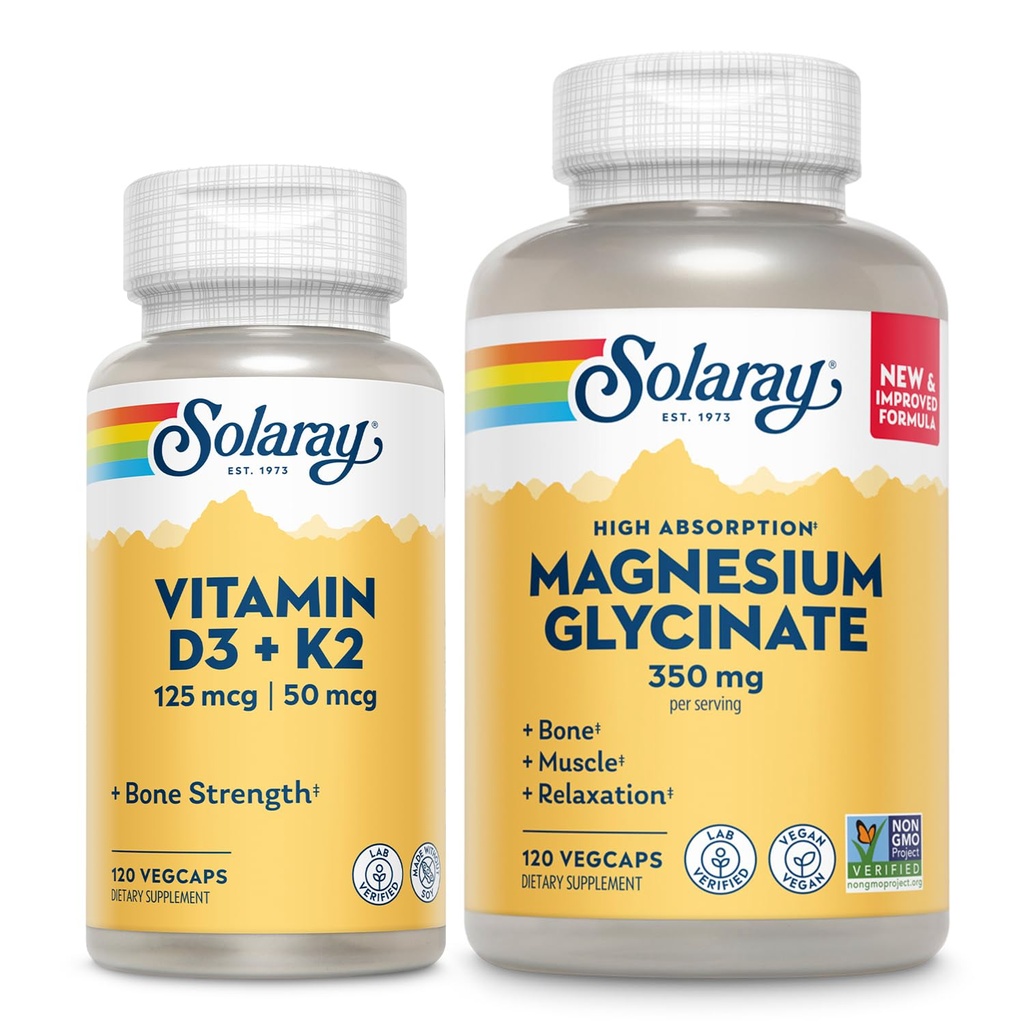 SOLARAY Vitamin D3 K2 og Magnesium Glycinat - Knoglehelseknolding - Calciumabsorption, nerve, hjerte og immunforsvar w / 5000 IE D vitamin, 350 mg chelateret Magnesium, 60- dages garanti, 120ct / 120ct