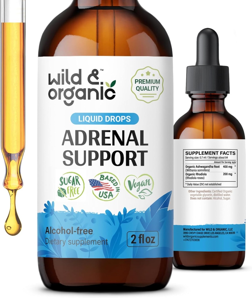 Wild & Organic Adrenal Support Tinktur til positiv Outlook - Adrenal Complex med Ashwagandha, Rhodiola Rosea Root - 1-måneders levering - Vegan, Ingen Sukker & Alkohol - 2 fl oz