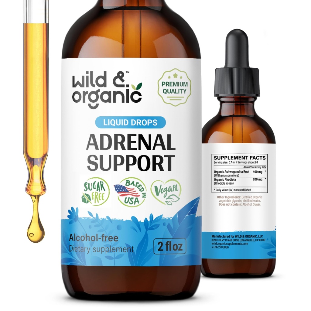 Wild & Organic Adrenal Support Tinktur til positiv Outlook - Adrenal Complex med Ashwagandha, Rhodiola Rosea Root - 1-måneders levering - Vegan, Ingen Sukker & Alkohol - 2 fl oz