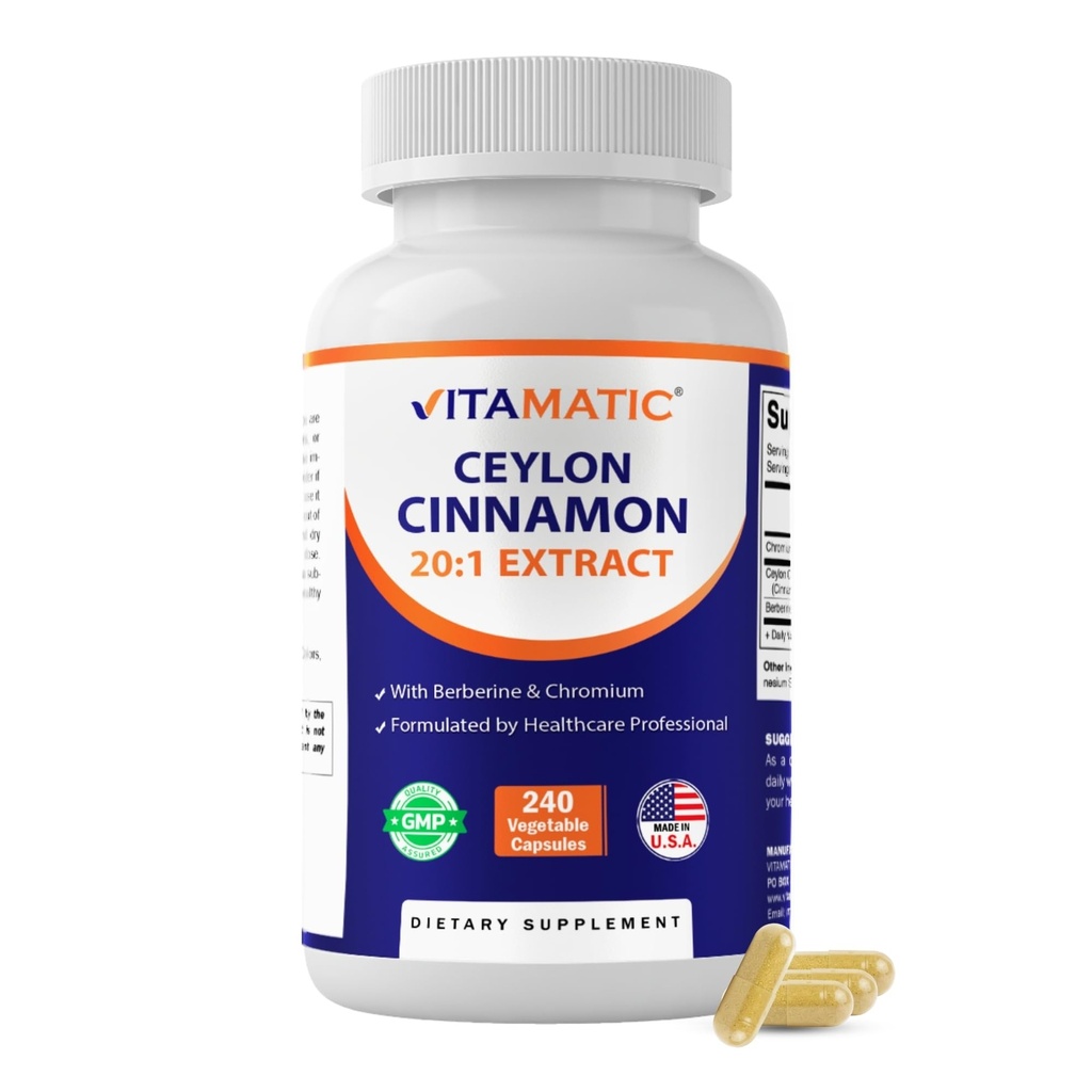 Vitamatisk Ceylon Cinnamon 10000 mg Ækvivalent per servering (fra 20: 1 Extract 500 mg) med Berberine & Chrom - 240 Vegetabilske kapsler - Non- GMO & Gluten Free