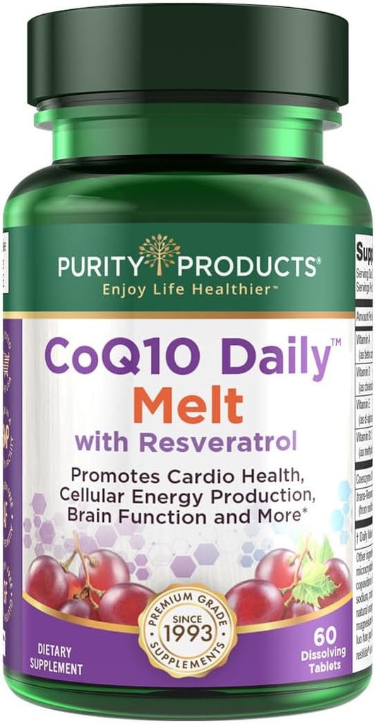 Renhed Produkter CoQ10 Dagligt med Resveratrol Melt 100mg CoQ10- 30mg Trans- Resveratrol - Vitamin A, D3, E og B12 (som methylcobalamin) - 60 hurtige opløsnings tabletter