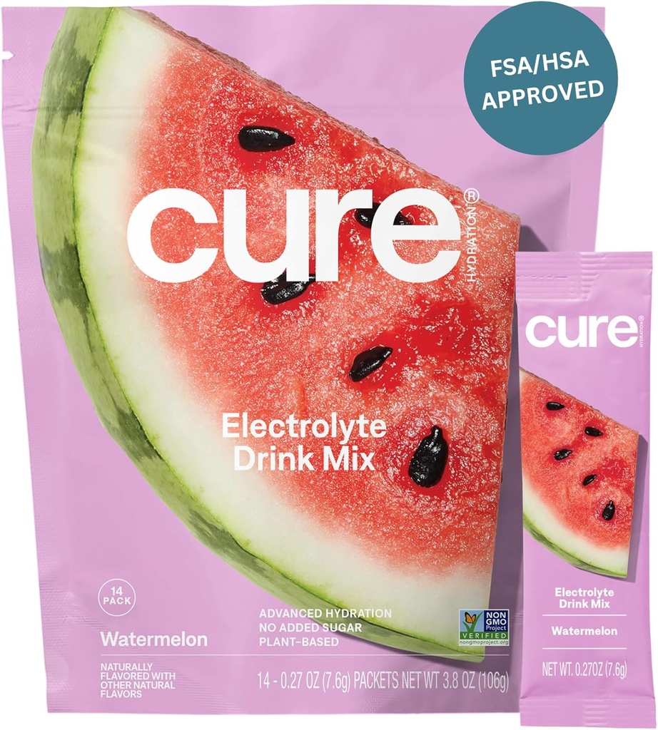 Cure Hydration • 124; Plantbaseret elektrolytdrik • 124; Ingen tilsat sukker • 124; FSA- HSA • 124; Dehydrering • Hjælpepulver fremstillet med kokos • 124; ikke- GMO • 124; Vegan • 124; Pouch af 14 Pakker - Vandmelon