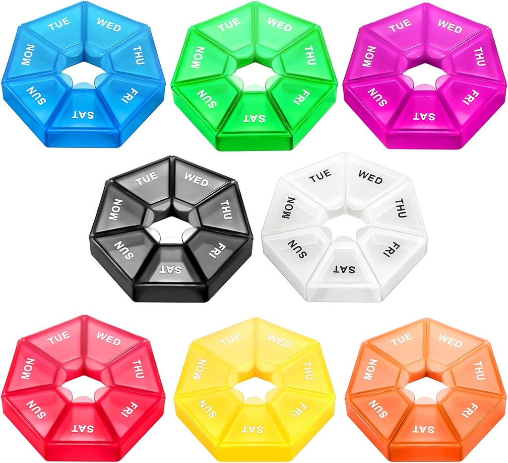 Ponpon 8pcs Pill Holder Box 7-Sidet Portable Vitamin Holder Box Pill Organizer Medicine Planner (8 Corlor)