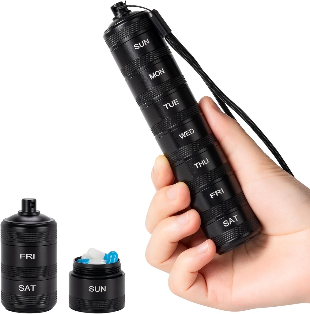 Bærbar Metal Weekly Pill Organizer - Vandtæt Pill Box, Lille Compact Travel Week Aluminum Alloy Container, 7 dages daglig medicin Organizer Holder for små piller, sort S