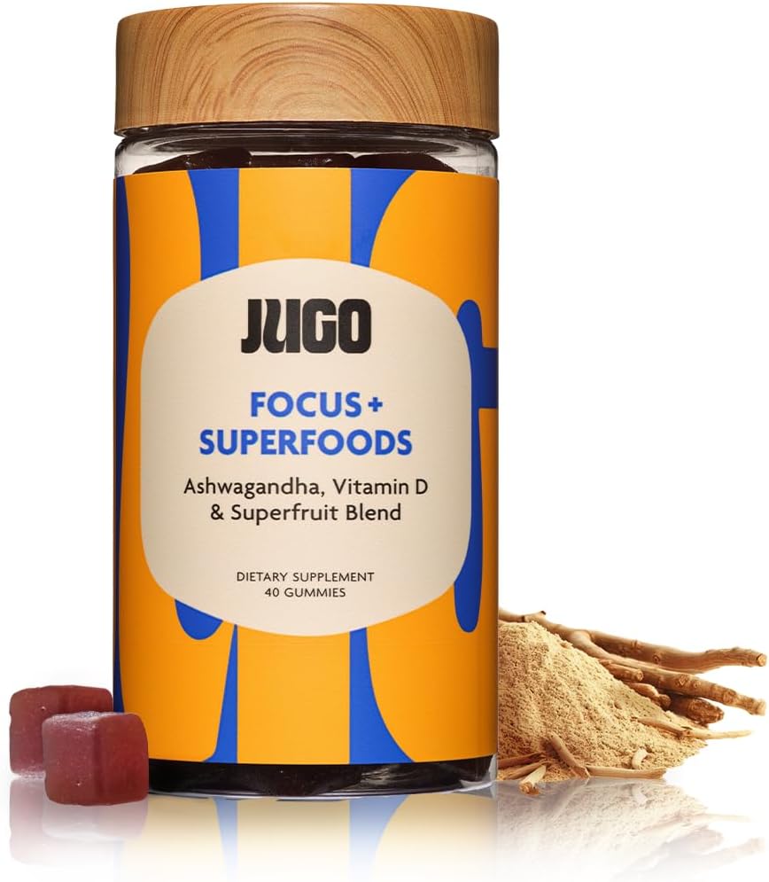 JUGO Focus + SUPERFOODDY 124; Ashwagandha Gummies med vitamin D3 & Superfruit Blend Budd124; 40 Count Plant - Based Adaptogen Gummies