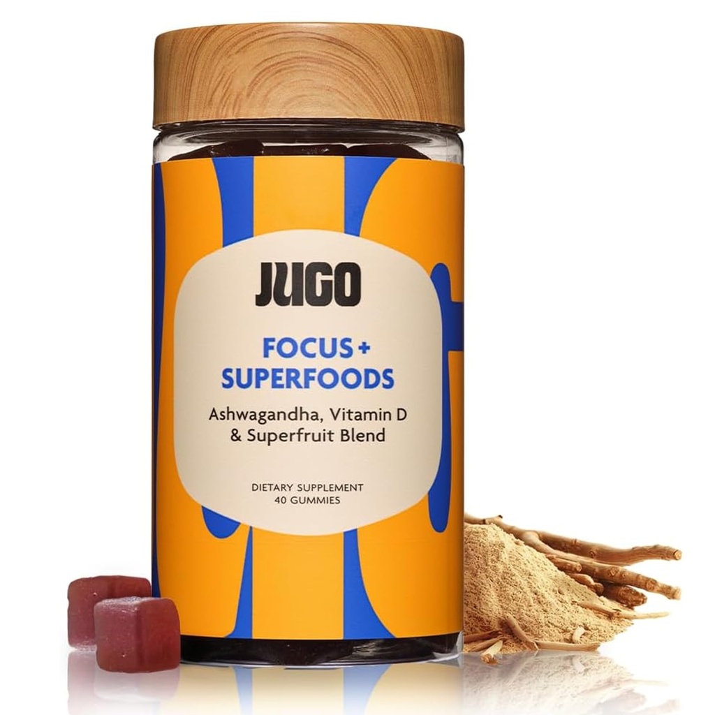 JUGO Focus + SUPERFOODDY 124; Ashwagandha Gummies med vitamin D3 & Superfruit Blend Budd124; 40 Count Plant - Based Adaptogen Gummies