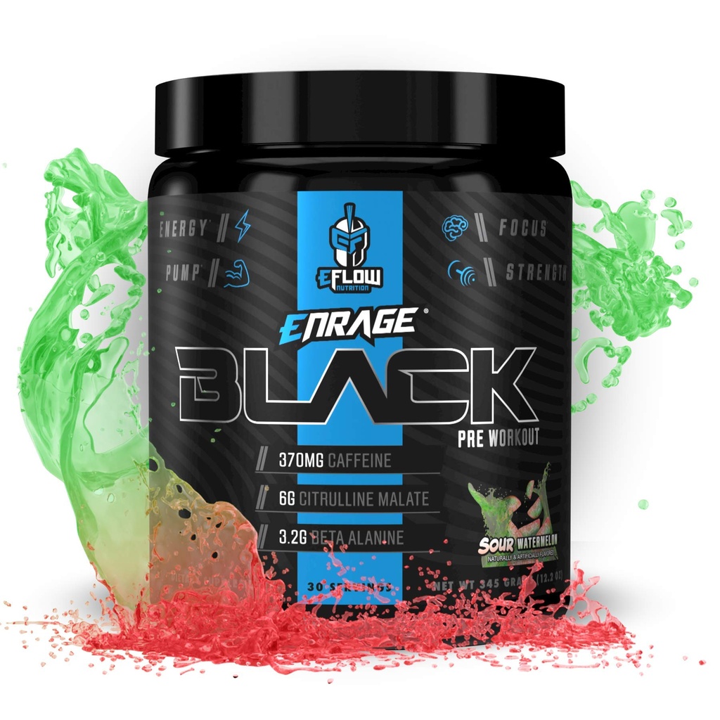eFlow Nutrition Enrage Black High Stimulant Pre Workout Supplement - Preworkout Powder to Boost Energy, Pumper og Styrke - 4 Arme (30 Servere) (Sour Watermelon)