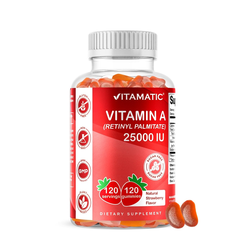 Vitamin A 25000 IE Gummies (Retinyl Palmitat) - Naturlig Jordbærsmag - 120 Pectin baserede Gummies (1 flaske)
