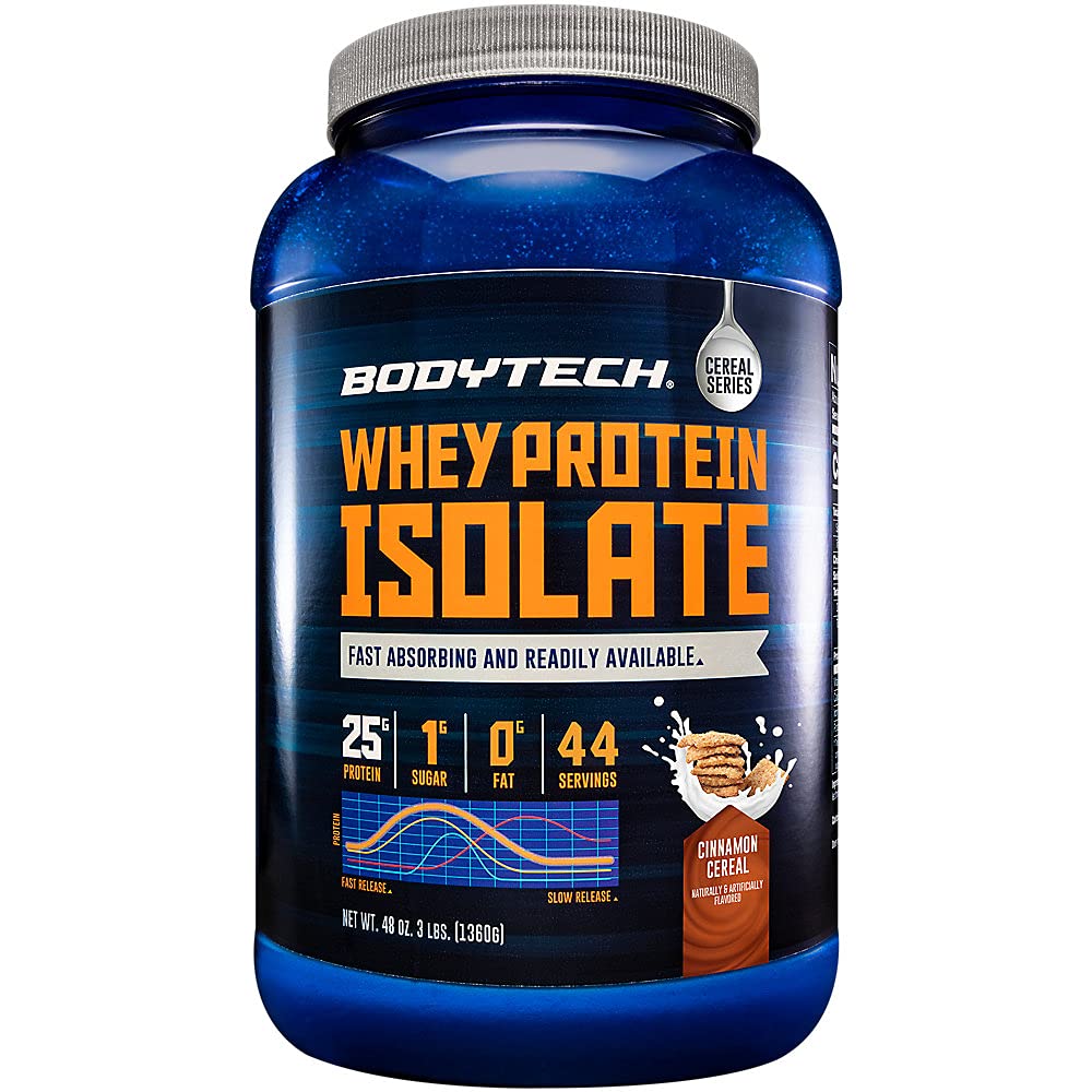 BODYTECH Whey Protein Isolate Powder - med 25 gram protein per servering & BCAA - Ideel til post- workout muskeltræning & vækst, Indeholder mælk & soja - kanel cereal (3 pound)