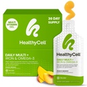Healthycell Vegan Daily Multivitamin Liquid Supplement med jern og Omega-3, 25 + essentielle vitaminer, mineraler & næringsstoffer til hjerne & hjerte sundhed, immunforsvar & energi - 30 Gel pakker