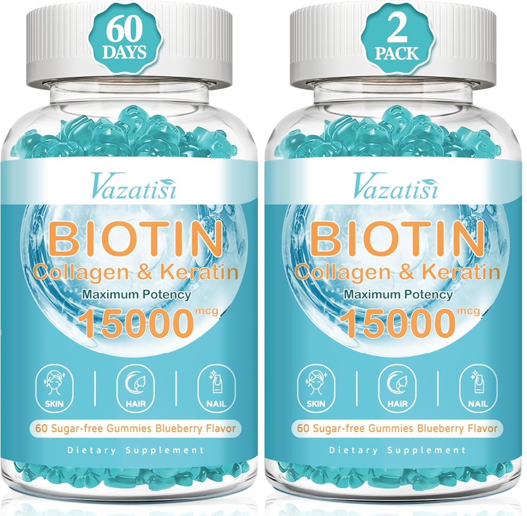 Biotin og collagen gummier med B12, hårhud og negle Vitamin gummier til hårvækst, glødende hud & stærke negle - Blåbær smag, sukkerfri, 120 Ct