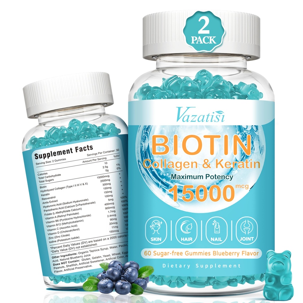 Biotin og collagen gummier med B12, hårhud og negle Vitamin gummier til hårvækst, glødende hud & stærke negle - Blåbær smag, sukkerfri, 120 Ct