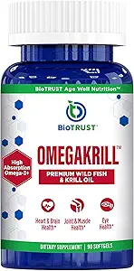 BioTrust Omegakrill EPA & DHA Omega 3 tillæg, fisk og krill olie til at yde støtte til fælles, hjerte, hjerne, øje og hud (30 Servere)