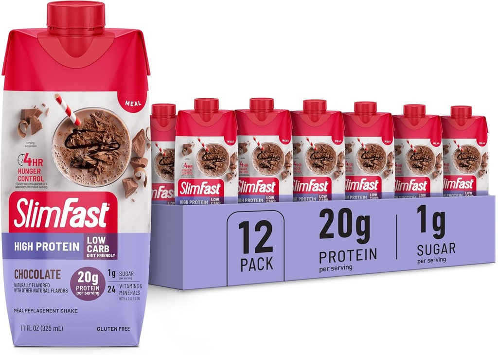 SlimFast Protein Shake, Chocolate- 20g Protein, Meal Erstatning Shake Klar til at drikke, High Protein med lav Carb og lavt sukker, 24 Vitamin og mineraler, 12 Greve (Packaging May Vary)