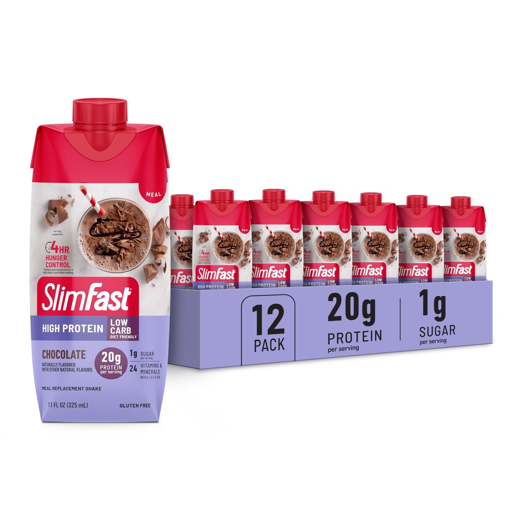 SlimFast Protein Shake, Chocolate- 20g Protein, Meal Erstatning Shake Klar til at drikke, High Protein med lav Carb og lavt sukker, 24 Vitamin og mineraler, 12 Greve (Packaging May Vary)