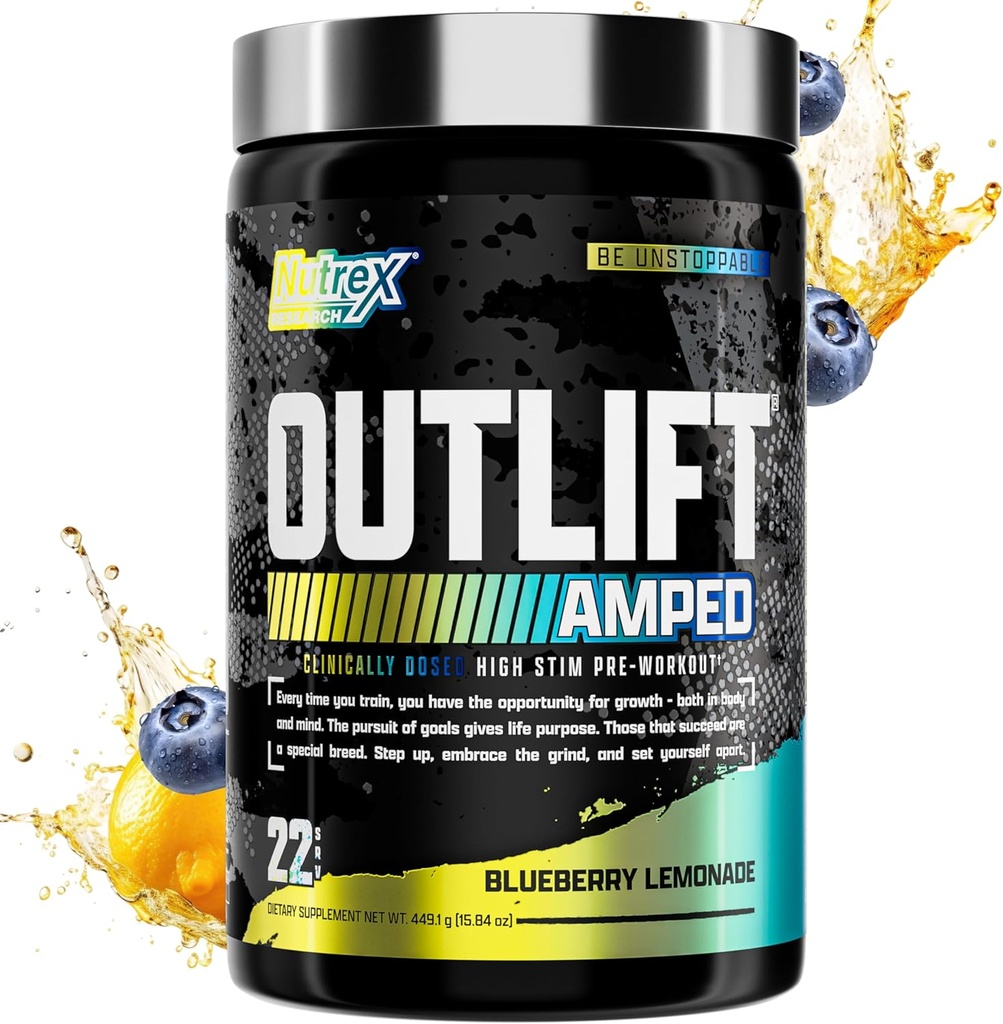 OUTLIFT Amped Max Dosed HØJT STIM Pre Workout Powder, 6G Citrullin, 3.2G Beta-alanin, Alpha GPC, CognatiQ, Extreme Energy, Massive Pumper, Elektrolytter, Nootropics Blueberry Lemonade - 22 Serv