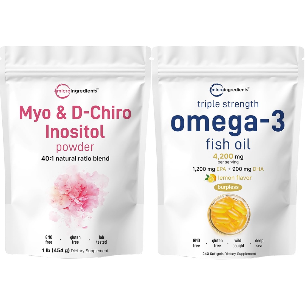 Micro Ingredients Omega-3 Fish Oil 4,200 mg Softgels & Myo & D- Chiro Inositol Powder Bundle 2 Pack 124; Wild- Caught Fish, Lemon Flavored, Burplesess