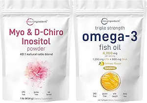 Micro Ingredients Omega-3 Fish Oil 4,200 mg Softgels & Myo & D- Chiro Inositol Powder Bundle 2 Pack 124; Wild- Caught Fish, Lemon Flavored, Burplesess
