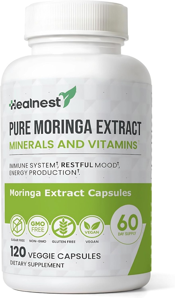 Pure Moringa Extract Kapsler - 20: 1 (20.000 mg) Potent formel - Vegansk superfood supplement med vitaminer og mineraler - Energi, Immunitet, fordøjelse & mad support - 120 Kapsler - Non- GMO, Gluten- fri