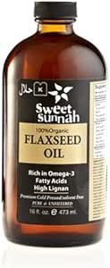 Certificeret økologisk ren flaske kold presset hørfrø olie 16oz- Ingen konserveringsmidler & Kunstig farve - SweetSunnah