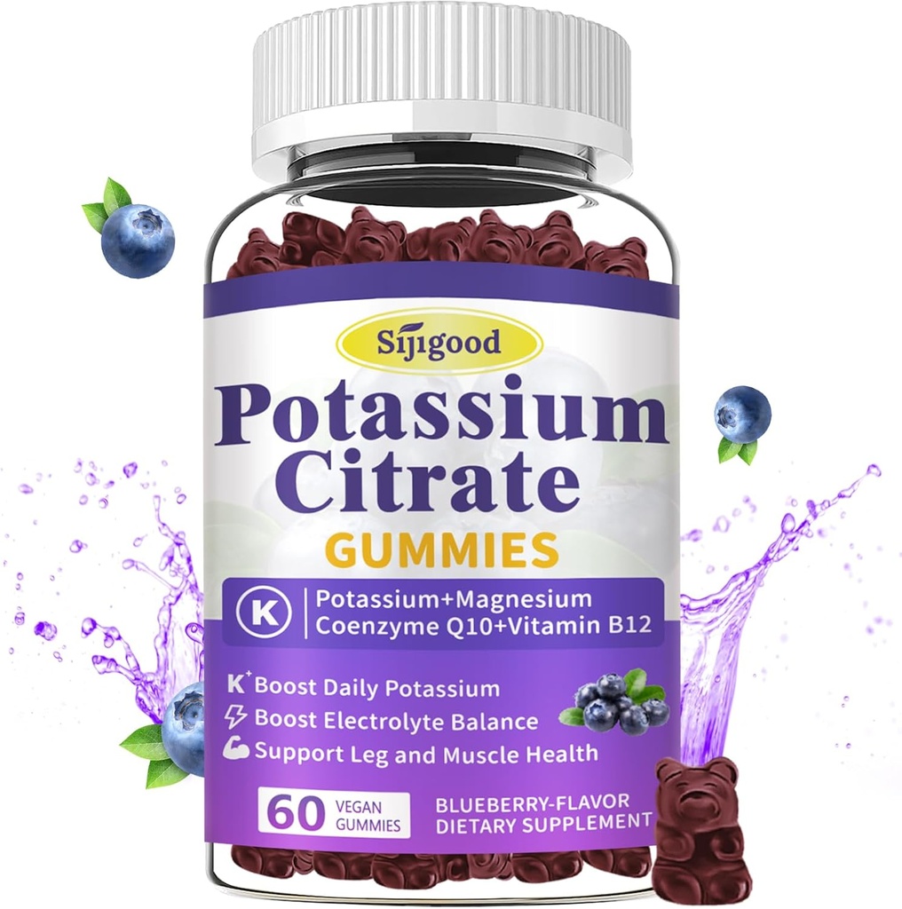 Kalium Citrate Gummies - Kalium supplement til muskelsundhed, ben krampe Relief & Electrolyte Balance, Vegan, Non- GMO, Gluten- fri, Blåbær Flavor, 60 Greve