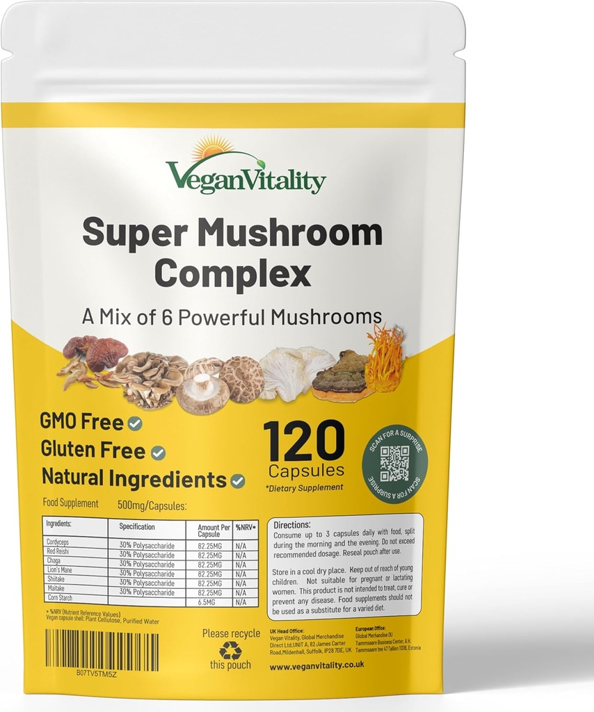 Vegansk Vitality Multi Mushroom Supplement Complex - 120 kapsler med Reishi, Chaga, Shitake, Maitake, Lions Mane og Cordyceps til hjerne, energi, Focus & Memory Support