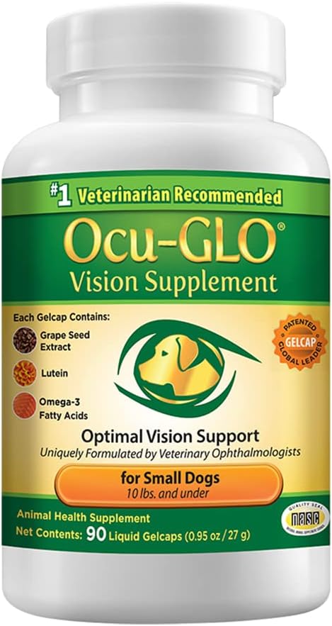 Ocu- GLO Vision Supplement for små hunde - Lutein, Omega-3 Fedtsyrer, Grapeekstrakt - Support Optimal Eye Health & Vision hos hunde - Antioxidanter til Canine Ocular Health - 90ct SNIP CAPS