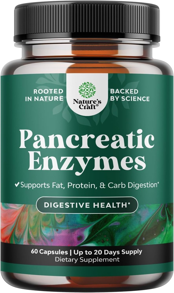 Pancreatin fordøjelsesenzymer fordøjelse for Gut Health - Pankreatiske fordøjelsesenzymer for kvinder og mænd med protease, Lipase & Amylase - bloating, mave sundhed, fedt, Carb & protein - 60 Greve
