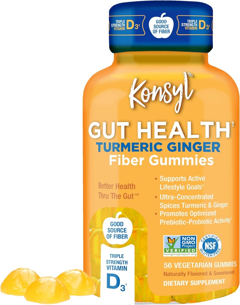 Konsyl Gut Sundhed Gurkemeje Ginger Fiber Gummies - Hjælper støtte fordøjelsessygdomme + - Vegetarisk Fiber Supplement Gummies for Adults- 56 Greve